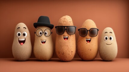 Four cartoon potatoes in various poses, displaying happy expressions and accessories, against a simple brown background.