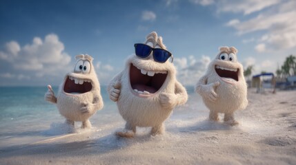 Three fluffy, light beige cartoon characters, wearing sunglasses, laugh happily on a sandy beach, enjoying a sunny day.