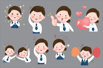 Cute illustrations of little girls and boys in white shirts; suitable for use as emojis.
