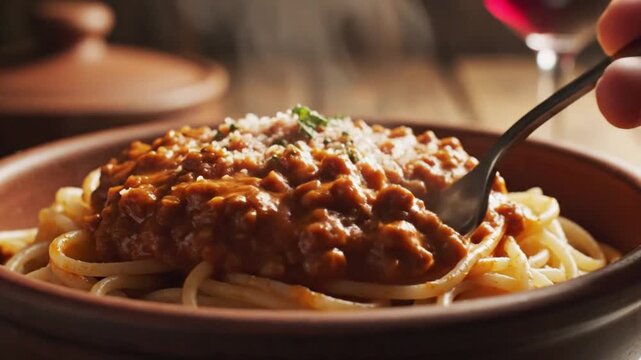A close-up view of a person enjoying a delicious plate of spaghetti with meat sauce in a cozy dining environment.