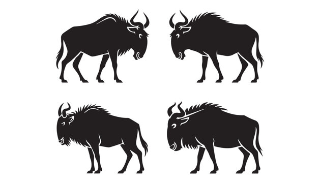 black color wildebeest set of silhouette vector illustration, solid white background
