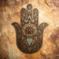 A close-up of a meticulously detailed, ornate hand symbol, likely a spiritual talisman, against a textured, earthy background