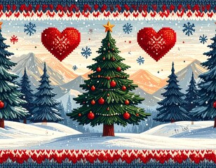 A festive holiday illustration showcasing a decorated fir tree, pixelated hearts, falling snow, and snowy landscape