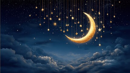 A golden crescent moon hangs in the night sky, adorned with twinkling stars strung on delicate threads, creating a dreamlike, magical atmosphere amongst the clouds.