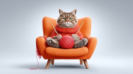 Whimsical photorealistic portrait of a chubby tabby cat knitting in an orange chair, showcasing playful charm and cozy atmosphere