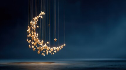 A crescent moon adorned with numerous golden stars hangs suspended in a dark, ethereal space, creating a captivating celestial display.