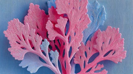Delicate, intricate pink and light blue leaf-like forms cluster together on a soft, muted blue background.