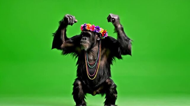 Vibrant chimpanzee dancing with colorful flower crown and beads