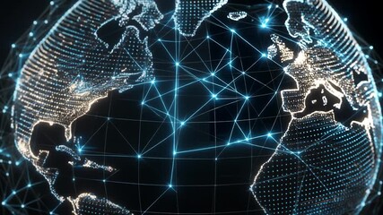 Digital Earth's Network: A mesmerizing, glowing globe illustrates the intricate, interconnected network of digital communication weaving across continents. - Powered by Adobe
