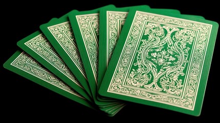 A fan of elegant green playing cards, featuring intricate, ornate designs in cream, displays a sophisticated and refined aesthetic against a dark backdrop.