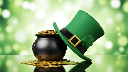 St patrick's day magic leprechaun hat and pot of gold coins