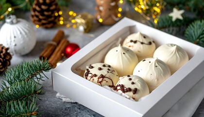 A festive still life displays six decorated desserts in a white box with Christmas decorations pine, ornaments, and cinnamon
