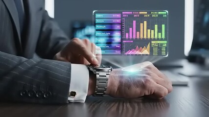 Businessman analyzing data on smartwatch and computer. - Powered by Adobe