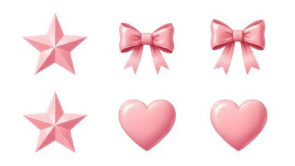 Valentine's day pink hearts stars and bows isolated on transparent background