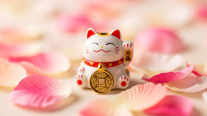 A small white cat figurine surrounded by pink flower petals and a gold coin
