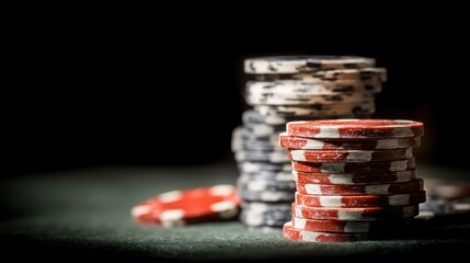Close-up view of poker chips stacked high on a dark green felt surface, showcasing a dramatic contrast between light and shadow.
