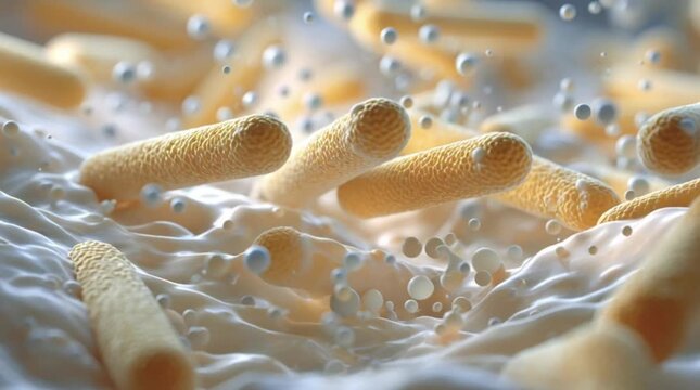 Flow of sticks and lactobacilli in milk leaven in microscope. Theme of foods background is under 1000x magnification. Bacteria from edible milk product such as kefir or yogurt. Microcosmic background
