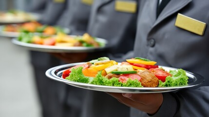 Served platters of colorful, fresh appetizers are expertly carried by uniformed staff.