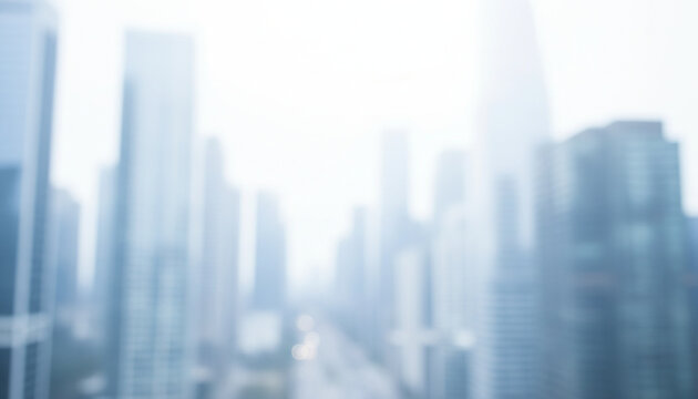 白色基調の背景画像　強いソフトフォーカスのイメージ画像　ぼやけた都会のビル街の風景　ビジネス用背景素材　強い背景ボケ