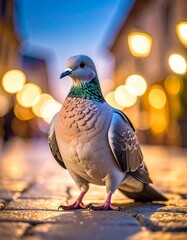 A close-up of a pigeon perched on cobblestones at dusk, street lights glow out-of-focus in the background