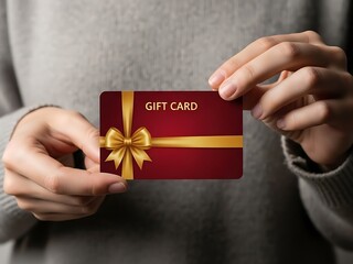A person holding a gift card with a red and gold design