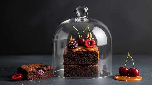 Gourmet chocolate brownie cake with caramel and fresh cherries under a glass cloche on a dark moody background