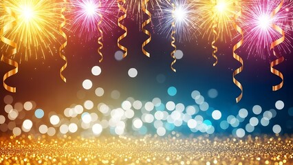 Vibrant fireworks explode in the night sky surrounded by golden ribbons and bokeh lights creating a festive celebration atmosphere with sparkling golden glitter on the ground.