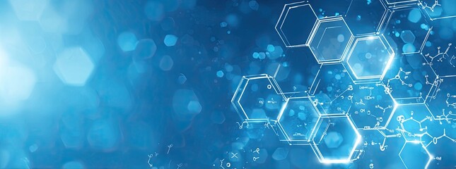 Blue abstract with glowing hexagons and molecules