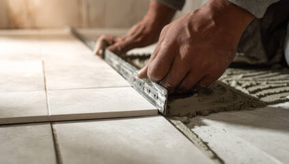 Man laying white ceramic tiles on floor using metal ruler for precise alignment and leveling in construction setting