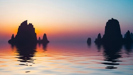 Silhouetted rock formations stand against a vibrant sunset sky, beautifully reflected in tranquil waters.