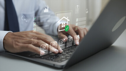 Property management and checklist evaluation concept. businessman use laptop to manage digital real estate assets, with approved houses and checklist documents.