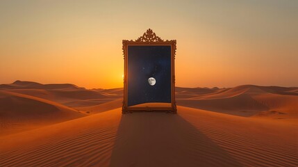 Golden mirror frame standing on dunes showing reflection of moonlight for artistic Islamic background