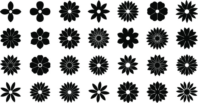Black flower silhouette collection featuring various simple blossom shapes and floral heads for graphic design patterns stencils spring decor and botanical vector.