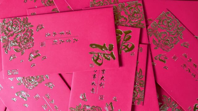 Red Envelope Hong Bao, Red packet, Angpao Envelope with Golden Chinese Symbols for Lunar New Year Celebration. Traditional Lunar New Year greeting, symbol of luck, prosperity, and festive celebration