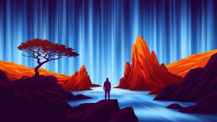 A solitary figure observes a fantastical landscape featuring glowing blue vertical lights, sharp orange rock formations, and a vibrant red tree.