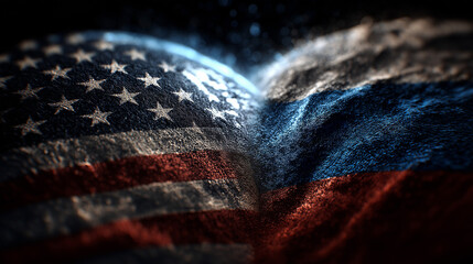 Conflict between nations usa and russia symbolic flags artistic representation dramatic lighting close-up tension