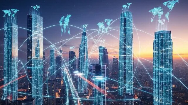 Smart city digital network overlay connecting global data transfer.