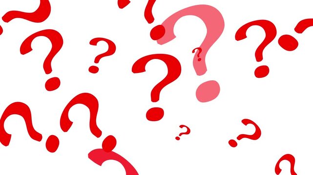 Animated red question marks growing on white background, motion design for confusion inquiry and support.