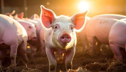 A close-up of a piglet with prominent ears, facing the camera with others in the background, bathed in sunlight