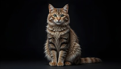 Majestic tabby cat sitting on dark background looking directly at camera