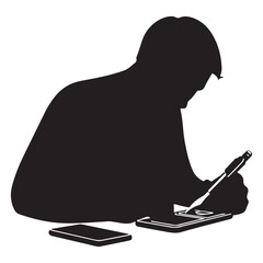  Silhouette of a person intently using a smartphone with a stylus, demonstrating digital interaction