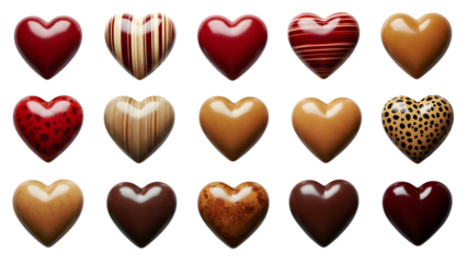 Valentine's day chocolate hearts assortment isolated on transparent background