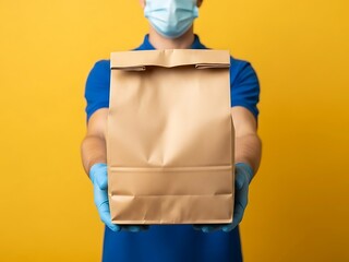 A person wearing gloves and a mask holding a brown paper bag against a yellow background