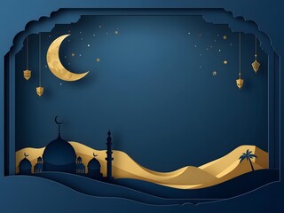 Luxury deep blue paper cut background with golden mosque silhouette and crescent for Ramadan banner