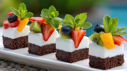 Delicate, colorful dessert squares, topped with fresh fruit and mint, resting attractively on a white platter.