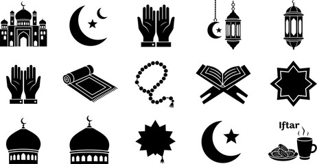 Islamic culture and Ramadan icons featuring praying hands, mosques, and crescent moon symbols