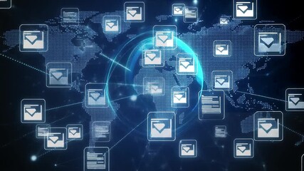 Global Communication: A digital representation of worldwide interconnectedness, featuring illuminated email icons interwoven across a transparent globe against a backdrop of the world map. - Powered by Adobe