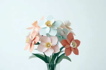 Pastel paper flowers in a clear vase
