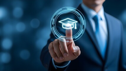 Close-up of a suited man touching a digital graduation cap icon on a futuristic interface with a dark blue background and bokeh lights.