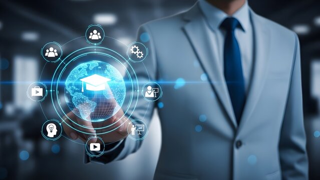 Close-up shot of a businessman in a suit interacting with a digital globe interface in a modern office with a professional and technological mood. - Powered by Adobe